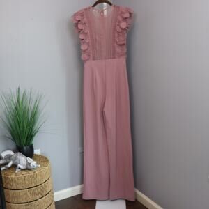 Valentine Pink Ruffle Lace Jumpsuit Women’s Size S Sleeveless Wide Leg One Piece